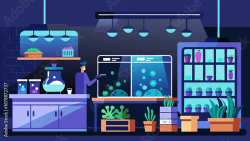 A man is tending to plants in a greenhouse. The plants are in various stages of growth, and the greenhouse is well-lit. Concept of care and attention to detail