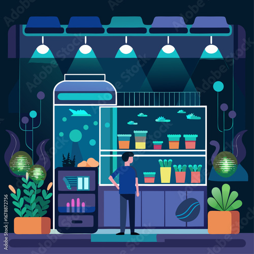 A man is tending to plants in a greenhouse. The plants are in various stages of growth, and the greenhouse is well-lit. Concept of care and attention to detail