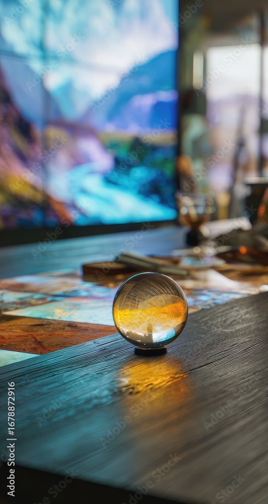 Fototapeta premium Round, reflective orb on a wooden surface, in front of a blurry landscape TV