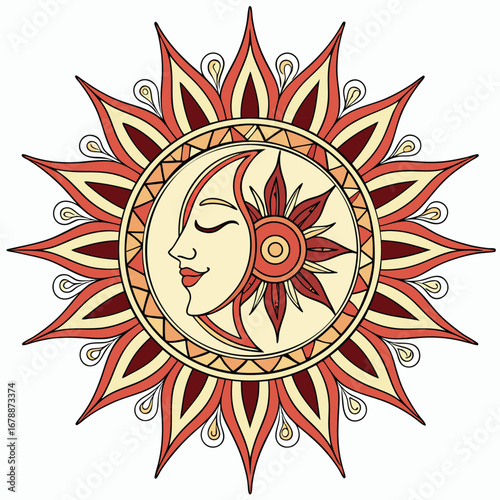 Illustration of stylized sun and moon face with celestial rays, a mystical symbol of duality and cosmic energy