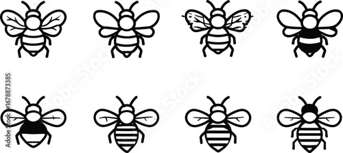 Cartoon-style illustrations of eight bees with unique wing shapes, stripe patterns, and body details, arranged for visual comparison and educational use in a playful black and white vector format.