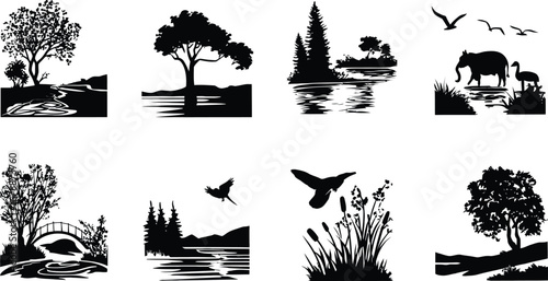 Silhouette illustrations of nature and wildlife scenes arranged in a grid, featuring trees, rivers, birds, elephants, and serene landscapes, capturing the peaceful essence of the outdoors in a minimal