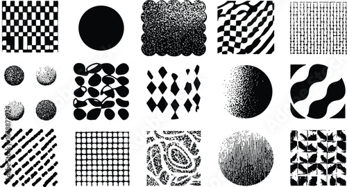 Grid of 16 abstract black and white patterns featuring optical illusions, geometric distortions, gradients, and wavy lines, showcasing depth, motion, and symmetry in a minimalist vector style.