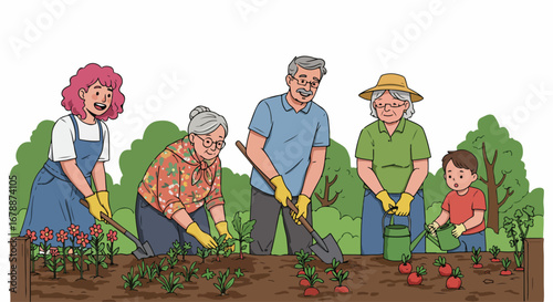 Diverse group gardening together, tending to tomato plants in community garden. Diverse group garden, enjoying outdoor activity and sharing gardening knowledge as they plant.