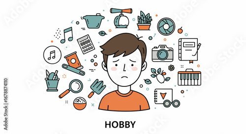 Hobby illustration featuring pensive boy surrounded by diverse interests and artistic pursuits. Hobby collection showcases various activities like music and photography, gardening and more,