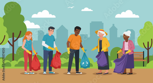 Volunteer cleanup in park with diverse team collecting garbage shows civic engagement. Group of people participate in park cleanup, gathering trash and debris,