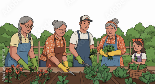 Community garden project with diverse group working together at vegetable garden. Community garden project shows team of different generations, community garden project involves people planting,