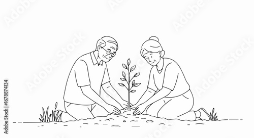 Planting tree together as an older couple plants sapling in soil, demonstrating ecological care. Planting tree as a couple together signifies environmental stewardship,