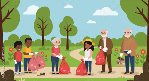 Community cleanup event, diverse group of volunteers collect trash in public park. Community cleanup involves collecting garbage and debris, reinforcing a commitment to environmental stewardship.