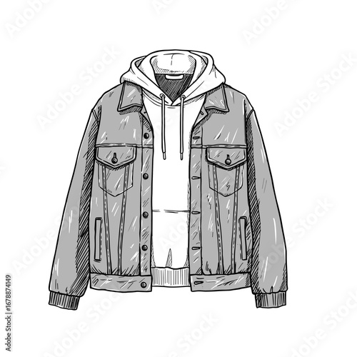 Denim jacket with attached hoodie black and white sketch style vector illustration on transparent background