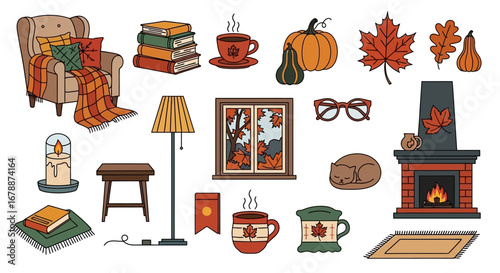 Vector Icons Set of A charming collection of hand drawn cozy autumn home interior elements. EPS Editable