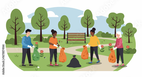 Volunteer park cleanup day shows diverse group collecting litter in bags. Community cleanup effort involves people gathering trash with bags in lush green park.