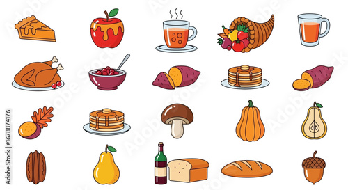 Vector Icons Set of A colorful collection of hand drawn Thanksgiving and autumn food icons isolated on a white background. EPS Editable