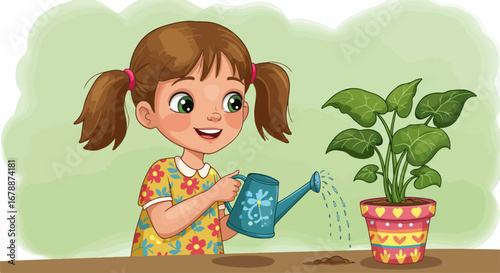 Little girl tenderly watering vibrant potted plant with blue watering can. Child nurturing plant growth shows responsibility and care.