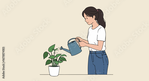 Woman watering houseplant with blue watering can in modern apartment.  Plant care is essential for home decor.  Healthy green leaves brighten apartment space.