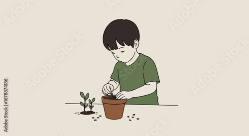 Little boy planting seeds in pot, showing care for environment, fostering new life in small container. Seeds are planted carefully, showing child’s innocence and developing sense of responsibility.