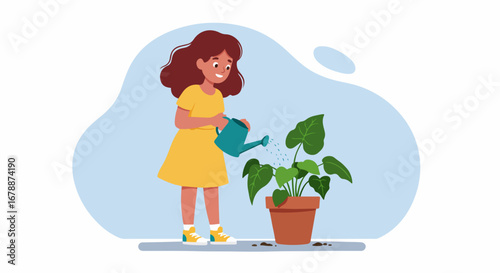 Girl watering houseplant in terracotta pot. Child carefully pours water from green watering can onto lush leaves. Happy girl nurturing indoor plant, showing care for home garden.