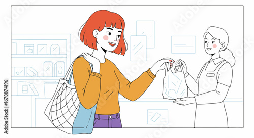 Young woman receives shopping bag from store clerk after purchase. Shopping bag exchange shows completed transaction. Happy customer enjoys shopping experience and receives stylish shopping bag.