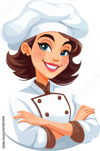 Cartoon-style illustration of a smiling chef in traditional white uniform with brown buttons and a chef’s hat, arms confidently crossed, representing culinary professionalism and friendly kitchen