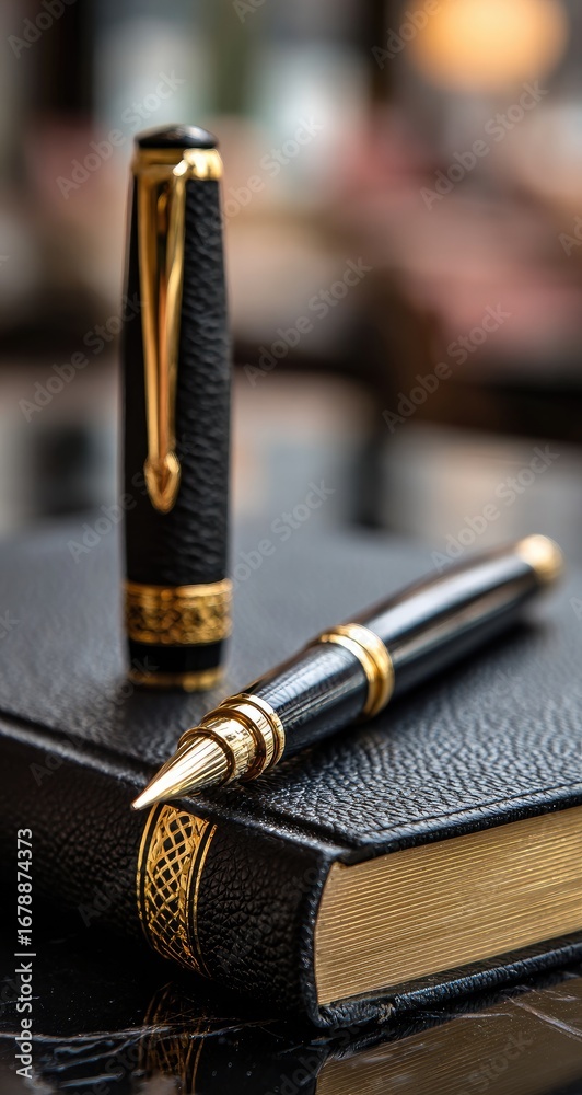 Naklejka premium Two black fountain pens, gold accents, resting on a black leather-bound journal