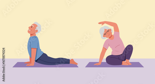 Yoga for seniors shows senior man and mature woman in seated twists and backbends on yoga mats. Senior yoga session is illustrative, showing elderly people in a healthy, active lifestyle.
