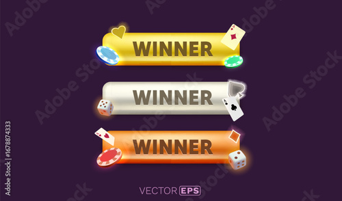 Winner frame label, button color set, night Vegas. Vector illustration