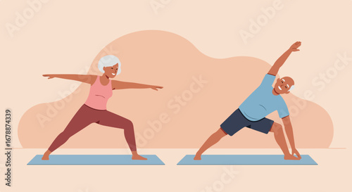 Senior yoga session featuring active elderly man and woman doing yoga poses on mats. Senior yoga keeps these individuals active and healthy, and helps to increase flexibility and balance,
