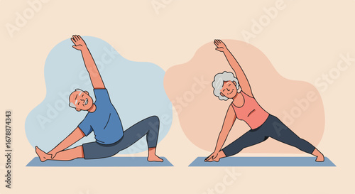 Senior couple doing yoga together in sunlit space, their outstretched arms form perfect physical postures. Senior couple wellness is evident with their stretching exercise,