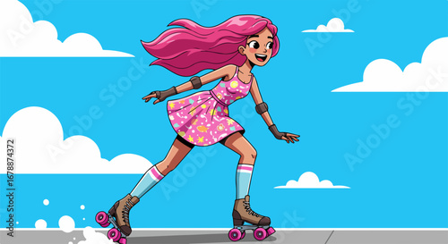 Cartoon girl roller skating outdoors on sunny day with vivid blue sky backdrop. Roller skating is fun for everyone, perfect for a carefree summer day with clear skies. Capture memories with friends,