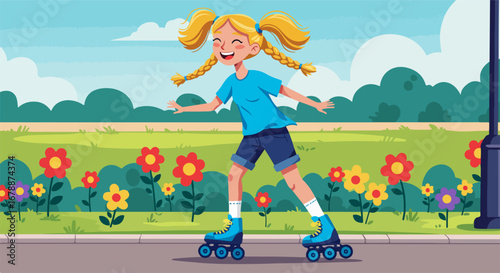 Smiling girl roller skating joyfully on park path alongside colorful summer flowers. Roller skating girl is experiencing outdoor activity amidst lush trees and greenery, showcasing freedom and fun.