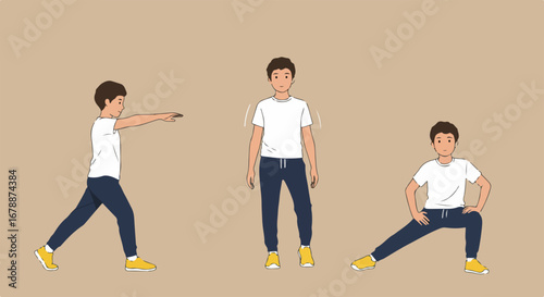 Young man performing lateral lunge fitness exercise in white t-shirt and blue pants, demonstrating mobility. Lateral lunge is effective for strengthening hips and inner thighs,