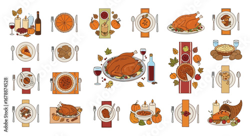 Vector Icons Set of A festive collection of hand drawn Thanksgiving dinner table illustrations featuring roasted turkey pumpkin pie and autumn decorations. EPS Editable