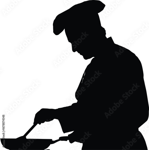 Silhouette of a chef cooking with a frying pan and spatula, wearing a traditional hat and uniform, representing culinary passion, food preparation, and the art of cooking in a minimalist black vector 