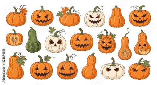 Vector Icons Set of A large collection of hand drawn Halloween pumpkins and Jack o lanterns with various spooky faces set against a white background. EPS Editable