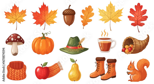 Vector Icons Set of A vibrant collection of autumn season elements and icons isolated on a white background. EPS Editable