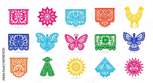 Vector Icons Set of A vibrant collection of Mexican Papel Picado folk art decorations. EPS Editable