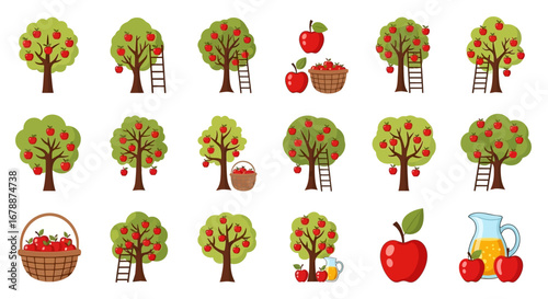 Vector Icons Set of Apple Tree Orchard Harvest and Juice Cartoon Sticker Set. EPS Editable