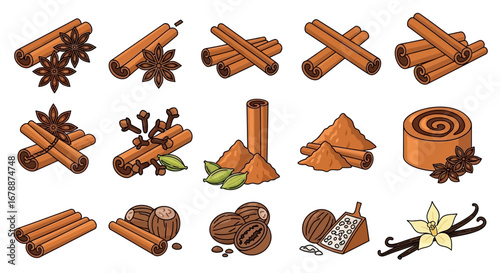 Vector Icons Set of Aromatic Spice Collection with Cinnamon Nutmeg and Vanilla Illustrations. EPS Editable