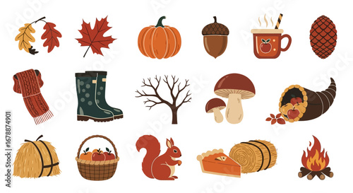 Vector Icons Set of Autumn Fall Season Icon Set with Pumpkin Squirrel and Leaves. EPS Editable