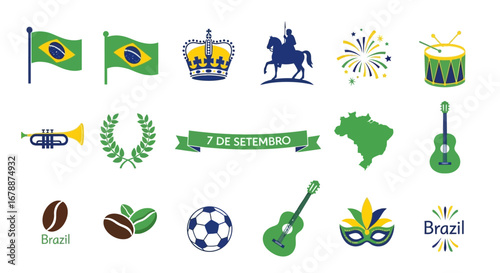 Vector Icons Set of Brazilian Independence Day 7 de Setembro icon collection with flag map and cultural symbols. EPS Editable