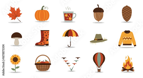 Vector Icons Set of Collection of colorful autumn season flat design icons and symbols. EPS Editable