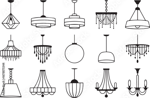 black and white vector ceiling lighting illustration pack modern and classical chandelier pendant fixtures