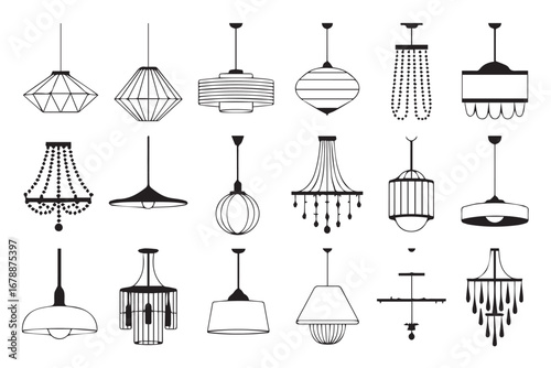 minimalist and ornate ceiling light fixture vector illustrations in black and white for luxury modern interiors
