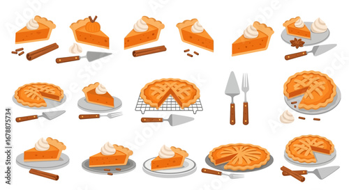 Vector Icons Set of Collection of pumpkin pie illustrations whole pies and slices with whipped cream and spices. EPS Editable