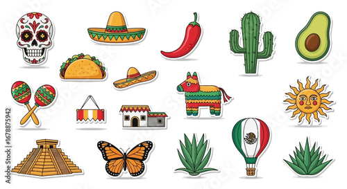 Vector Icons Set of Colorful Hand Drawn Set of Mexican Culture Icons and Symbols. EPS Editable