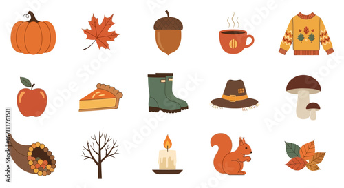 Vector Icons Set of Cozy Autumn Season Flat Icon Collection Isolated on White. EPS Editable