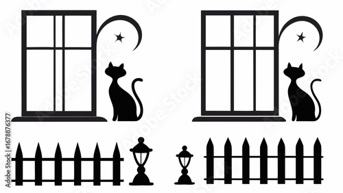 Mysterious black cat sits near a window under a crescent moon and star, evoking nighttime charm