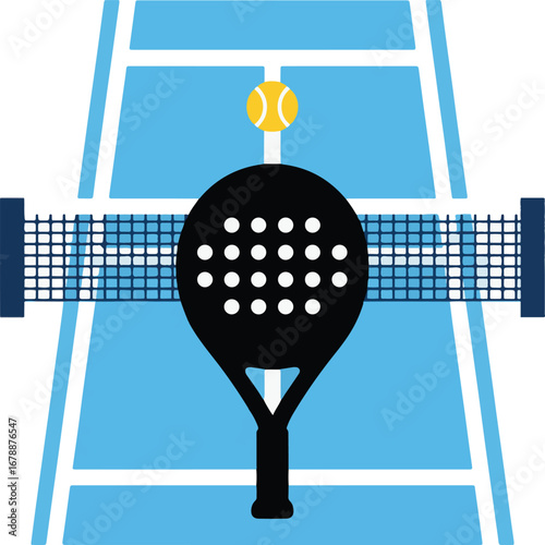 Flat Minimalist Vector of Padel Racket and Ball on Court