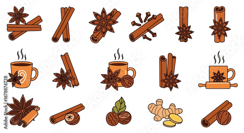 Vector Icons Set of Hand drawn collection of winter spices cinnamon star anise and hot drinks. EPS Editable