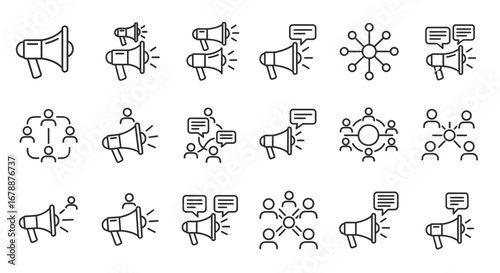 Vector Icons Set of Hand drawn communication and marketing icon set with megaphones and people networks. EPS Editable